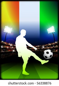 Ivory Coast Soccer Player with Flag on Stadium Background Original Illustration