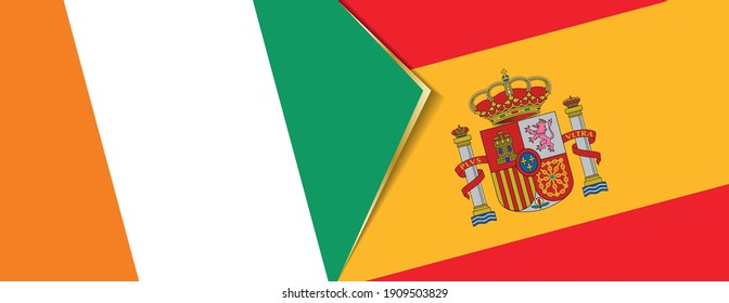Ivory Coast and Spain flags, two vector flags symbol of relationship or confrontation.