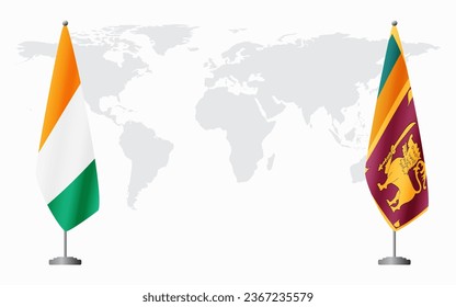 Ivory Coast and Sri Lanka flags for official meeting against background of world map.