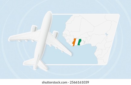 Ivory Coast Travel Illustration with Plane and National Flag. Ideal for travel agencies, promotional materials, or geographic content related to Ivory Coast.