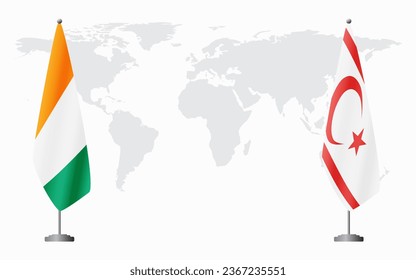 Ivory Coast and Turkish Republic of Northern Cyprus flags for official meeting against background of world map.