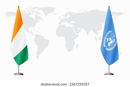 Ivory Coast and United Nations flags for official meeting against background of world map.