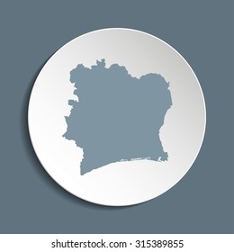 Ivory Coast vector map on a paper circle. Cut out from white paper icon map of Ivory Coast. Vector icon map of Ivory Coast on dark background. Paper cut style country map. 