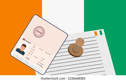 Ivory Coast visa, open stamped passport with visa approved document for border crossing. Immigration visa concept. Background with Ivory Coast flag. vector illustration