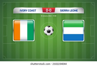 Ivory Coast vs Sierra Leone scoreboard broadcast template for sport soccer africa tournament 2021 Group E and football championship in cameroon vector illustration