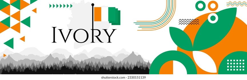  Ivory Independence Day abstract banner design with flag and map. Flag color theme geometric pattern retro modern Illustration design. Orange and Green flag color template.