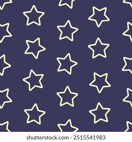 Ivory line stars on indigo blue background. Night sky vector seamless pattern.