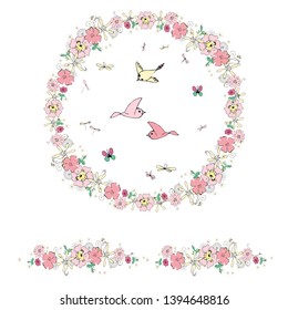 Ivory nature wreath, flower round with cream and pale pink flowers, flower circle with birds flying