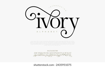 Ivory premium luxury elegant alphabet letters and numbers. Elegant wedding typography classic serif font decorative vintage retro. Creative vector illustration