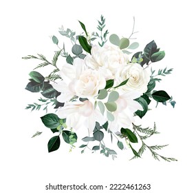 Ivory roses, white peony and magnolia, cedar, fern, eucalyptus vector design bouquet. Rustic wedding greenery. Green, emerald, beige, mint, white tones. Watercolor style flowers. Isolated and editable