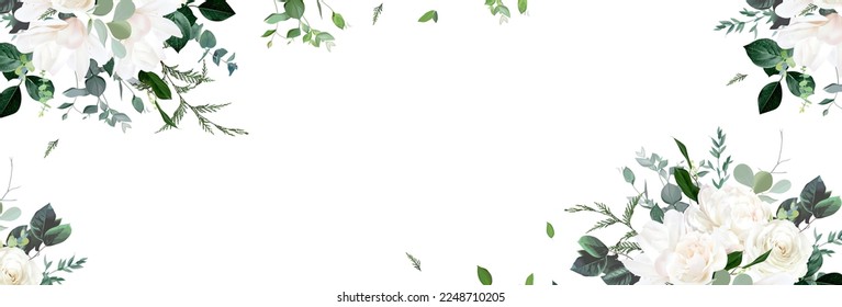 Ivory roses  white peony   magnolia  cedar  fern  eucalyptus  fern  salal  greenery  vector horizontal design banner  Spring bouque watercolor style card  All elements are isolated   editable