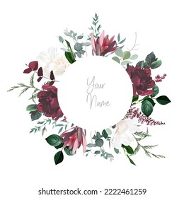 Ivory white magnolia, burgundy red peony, cedar, fern, leucadendron vector design invitation frame. Chic wedding greenery. Green, beige, mint, white tones. Watercolor round card. Isolated and editable