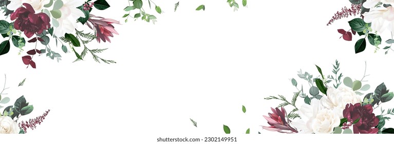 Magnolia blanca de marfil, peonía roja burdeos, cedro, helecho, marco de invitación para el diseño vectorial leucadendron. El verde de la boda elegante. Verde, beige, menta, tono blanco. Tarjeta cuadrada color agua. Aislado y editable