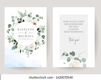 Ivory white rose, peony, chrysanthemum, ranunculus, greenery and eucalyptus leaves vector design frames set.Stylish color wedding invitation collection. Watercolor blue texture. Isolated and editable