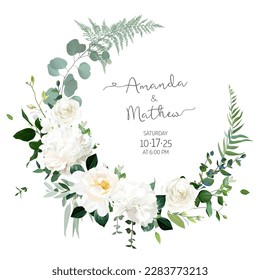 Rosas blancas de marfil, peonía beige, hidrangea, orquídea, marco de invitación al diseño de vectores de helecho. Verdor de bodas rústico. Tonos verdes, beiges y blancos. Tarjeta de color de agua redonda. Estilo de verano. Aislado y editable