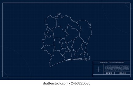 Mapa de Costa de Marfil con el fondo del estilo de Blueprint Tech.