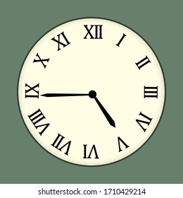 Ivory-white wall clock without a rim, with Roman numerals in black on a green background. Vector illustration. Stock drawing.