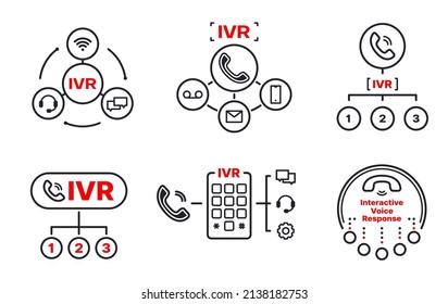 Iconos IVR, aplicación interactiva de respuesta de voz para llamadas telefónicas automáticas de telefonía, símbolos de micrófono vectorial. servicio al cliente IVR, centro de contacto automático y aplicación de respuesta interactiva móvil digital