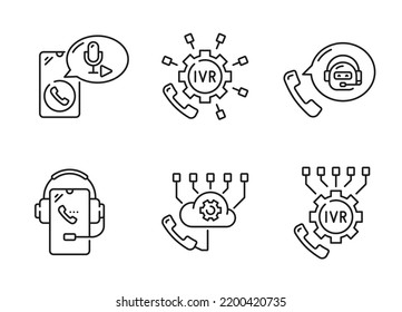 IVR icons, interactive voice response application system, call attendant center, line vector. IVR outline icons, automated telephone interaction service, interactive voice response technology