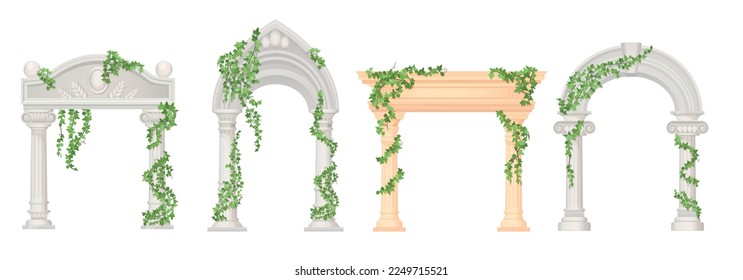 Arcos de marfil. Arco de jardines históricos con columna de mármol, puerta de boda entrada del castillo antiguo, arco con viñas portal de creeper verde en palacio o templo cromado ilustración vectorial de columna y columna de mármol