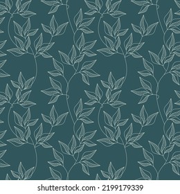 Ivy contour leaves seamless pattern vector. Abstract line branches floral backdrop illustration. Wallpaper, background, fabric, textile, print, wrapping paper or package design.