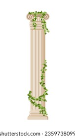 Ivy covered column concept. Traditional greek and Rome architecture element. Culture and traditions. Template, layout and mock up. Cartoon flat vector illustration isolated on white background