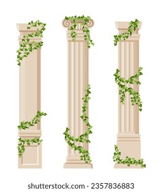 Ivy covered columns set. Ancient architecture, ancient rome and greece. Art objects. Museum and exhibition. Template and mock up. Cartoon flat vector collection isolated on white background