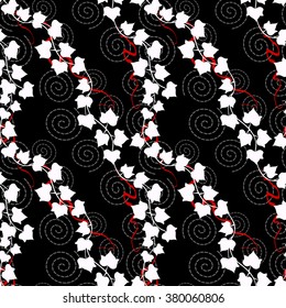 Ivy dark pattern. Seamless pattern with silhouettes of leaves of ivy, curled red ribbons and spirals of decorative stitches at black background. Vector is EPS8.