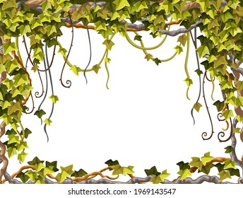 Ivy frame. Liana branches and tropical leaves. Game cartoon poster of creeper jungle. Isolated vector hedera  helix on white background.