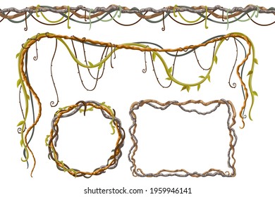 Ivy frames, wreath, seamless border. Liana branches and tropical leaves. Set game cartoon elements of creeper jungle. Isolated vector illustration on white background.