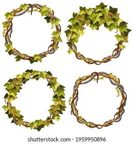 Ivy frames. Wreaths liana branches and tropical leaves. Game cartoon objects of creepers jungle. Isolated vector illustration on white background.