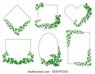 Ivy green leaves frames. Borders from evergreen plants of different shapes isolated on white background. Twig vine branches on rhombus, square, ellipse, heart and rectangle set vector illustration