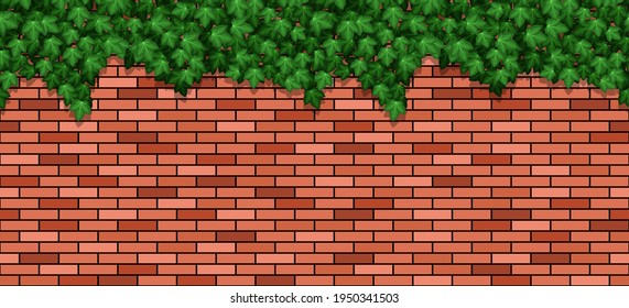 Ich verlasse mich auf eine Ziegelwand.  Sommergrünes Efeu-Laub, das auf roten Ziegelmauern aus Gebäude oder Zaun überwuchert wird. Nahtlose Wiederholmuster, Vektorstruktur.