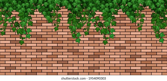 Ivy leaves on brick wall.  Summer green ivy foliage overgrown on red brick wall of building or fence. Seamless pattern, repeat texture, cartoon background. Vector illustration.