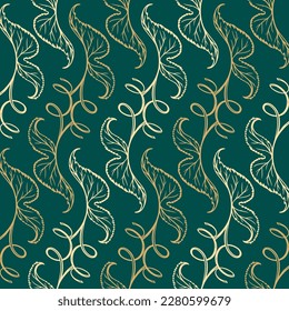 Ivy leaves vector seamless pattern on the green background. Vintage style illustrarion.