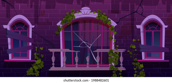 Ivy On Antique Abandoned Building Facade, Vines With Green Leaves Climbing At Boarded Up Windows And Broken Marble Balcony Railing. Night House Exterior With Cracked Wall Cartoon Vector Illustration