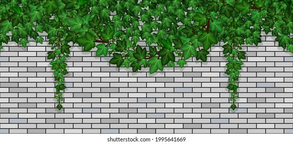 Ivy on brick wall. Climbing green ive foliage on gray brick stones, summer garland on building wall or fence. Seamless repeat pattern, cartoon background. Vector illustration.