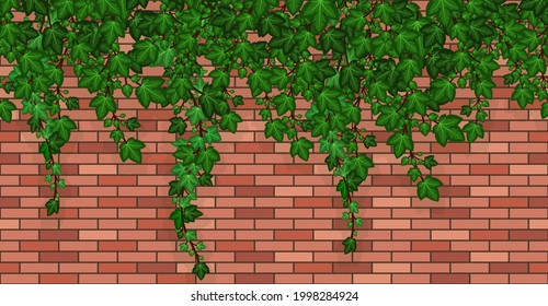Ivy on brick wall. Climbing ivy foliage and hanging green liana on red brick house wall or garden fence. Seamless repeat pattern, cartoon background. Vector illustration.