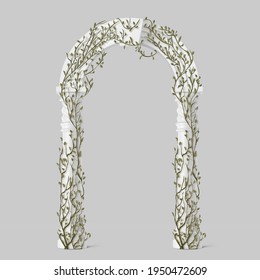 Ivy on marble arch, vines with green leaves climbing on white antique stone archway, creeper plant isolated on grey background, decorative architecture arc design, Realistic 3d vector illustration