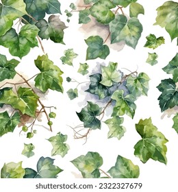 Ivy plant is green. Twigs watercolor seamless pattern. Vector illustration