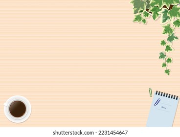 Ivy potted plant and coffee, notepad wood grain background