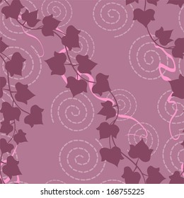 Ivy and ribbons pattern. Seamless pattern with leaves of ivy, curled ribbons and spirals of decorative stitches. Vector elements are grouped. Drop into AI swatches and use as fill. 