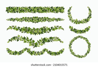 Ivy vector vines and wreaths, and decorative elements made of green leaves, isolated on white background. Vector illustration in flat cartoon style.