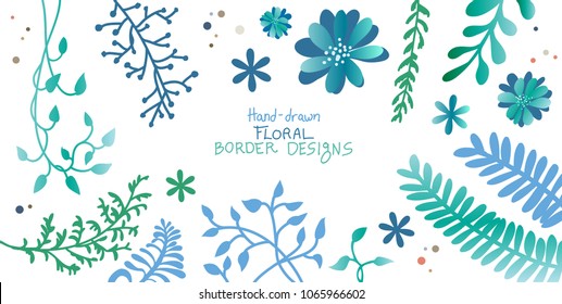 ivy vine and floral design elements of flowers ferns branches and creepers in silhouette vector outlines, elegant decorative border and corner leaves and plants in pretty hand drawn top view layout