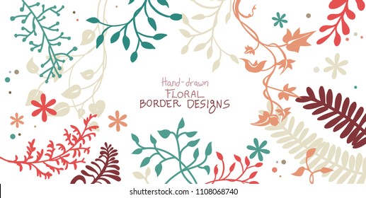 ivy vine and floral design elements of flowers ferns branches and creepers in silhouette vector outlines, elegant decorative border and corner leaves and plants in pretty hand drawn top view layout