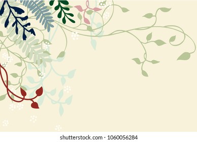 ivy vines ferns flowers and plants in pretty vector design, soft pastel shades of green blue and pink on light yellow or beige background