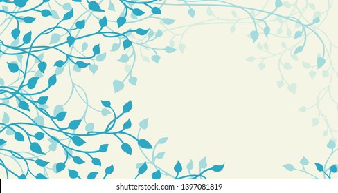 ivy and vines vector in blue green on a beige or yellow background in a pretty outline of leaves climbing up the side border in a floral nature vector pattern