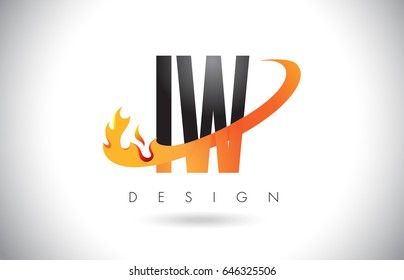 IW I W Letter Logo Design with Fire Flames and Orange Swoosh Vector Illustration.