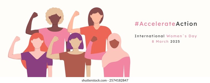 IWD 202 banner template with girls variety of ethnicity. Accelerate Action International Women's day 8 March. AccelerateAction background for web. Hands strength as symbol of power.