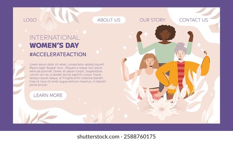 IWD 2025 Illustrated poster design for International Women's Day featuring diverse women raising fists in empowerment, surrounded by decorative floral elements, with text promoting action and unity.